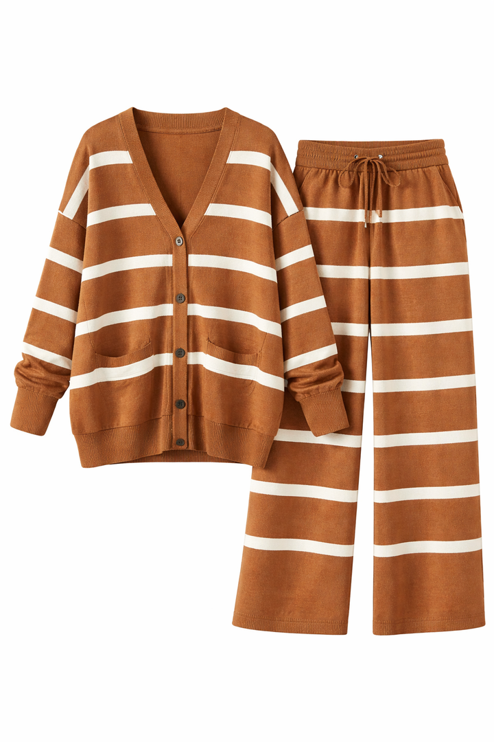 Womens Oversized Striped 2 Piece Sets Button Up Cardigan and Wide Leg Pants with Pockets Fall Pajama Outfit, XL 