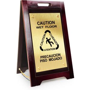 Wooden Wet Floor Sign Warning Sign, Foldable Metal Double-sided Panel, Suitable for Schools, Offices, Hotels, Restrooms, Decks and Other Areas （A few decorative screw caps may fall off, which can be easily fixed with glue）