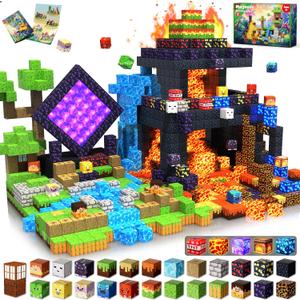 Magnetic Blocks - 300 PCS with Light Up Blocks Dinosaur Volcano Forest Castle Set - Kids Classroom Sensory Toy for Toddlers STEM, Construction Stacking Toy Kids 3+ Boys Girls Christmas Birthday Gifts