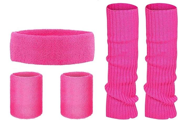 SATINIOR 80s Women Workout Outfit Neon Leg Warmer Headband Wristbands Fanny Pack Set 80s Accessories for Yoga Running (Pink, Rose Red)
