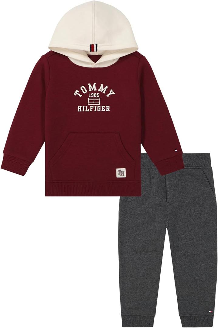 Tommy Hilfiger boys 2pc Fleece Hoodie Pant Set (18 Months, Cabernet/Birch/Stealth Heather)