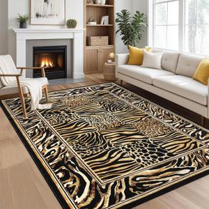 8x10 Living Room Rug Washable, Soft Leopard Patchwork Print Large Area Rugs for Bedroom, Low Pile Non-Slip Accent Rugs Carpet for Living Room Dining Room, Brown