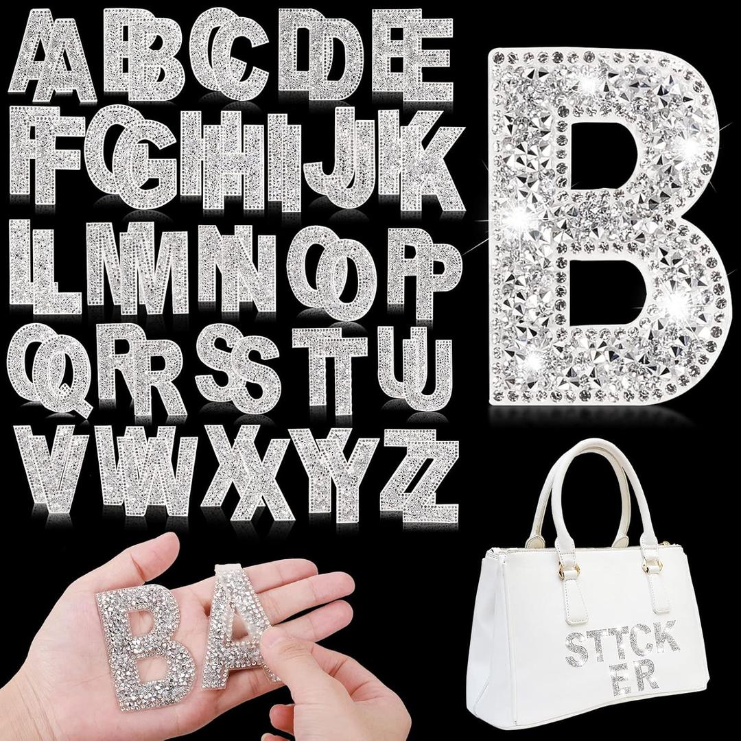 Yinder 52 Pieces Glitter Rhinestone Letter Stickers Crystal Rhinestone Iron on Letter Self Adhesive A-Z Glitter Resin Stickers for Clothing Art DIY Works (White)