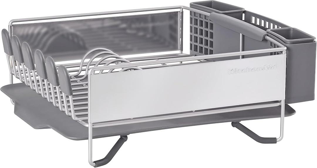 KitchenAid Compact Space Saving, Dish Rack with Removable Flatware Caddy and Angled Self Draining Drainboard, Satin Gray, 15Inchby13.25Inch