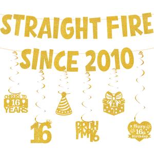 Happy 16th Birthday Decorations for Boys - Funny Straight Fire Since 2010 Banner With Hanging Swirls, Gold Glitter Cheers to 16 Years Birthday Party Supplies for Boy and Girl