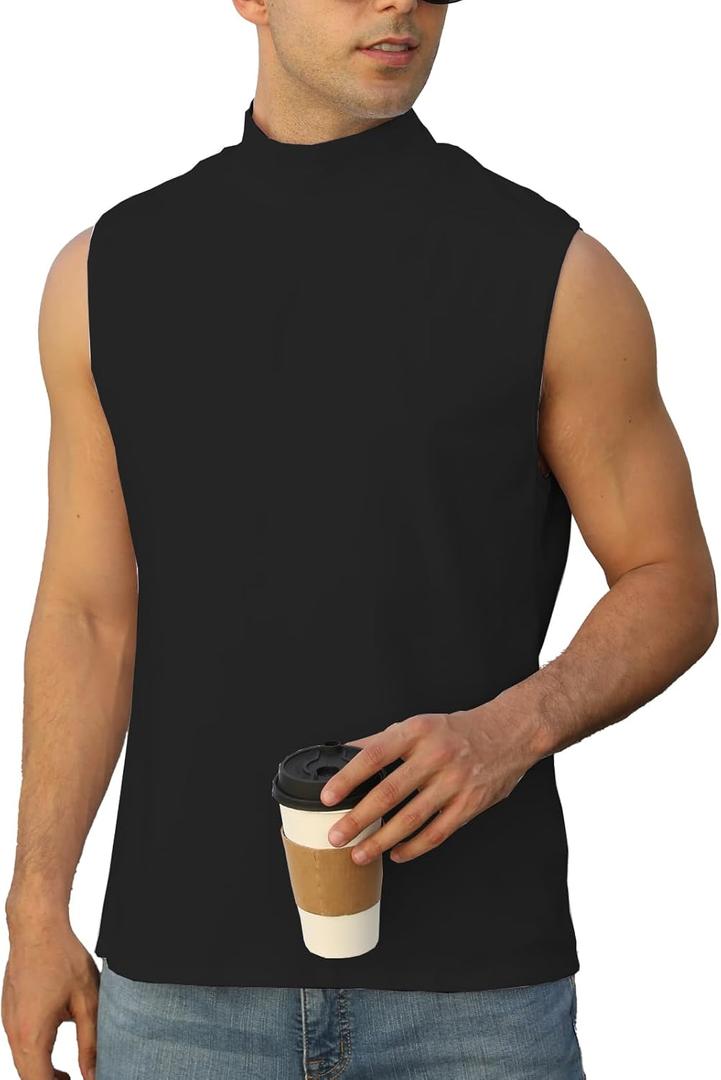 Mens Mock Turtleneck Tee Shirts Sleeveless Casual Basic Slim Fit Knitted Pullover Tank Tops (Large, Black)