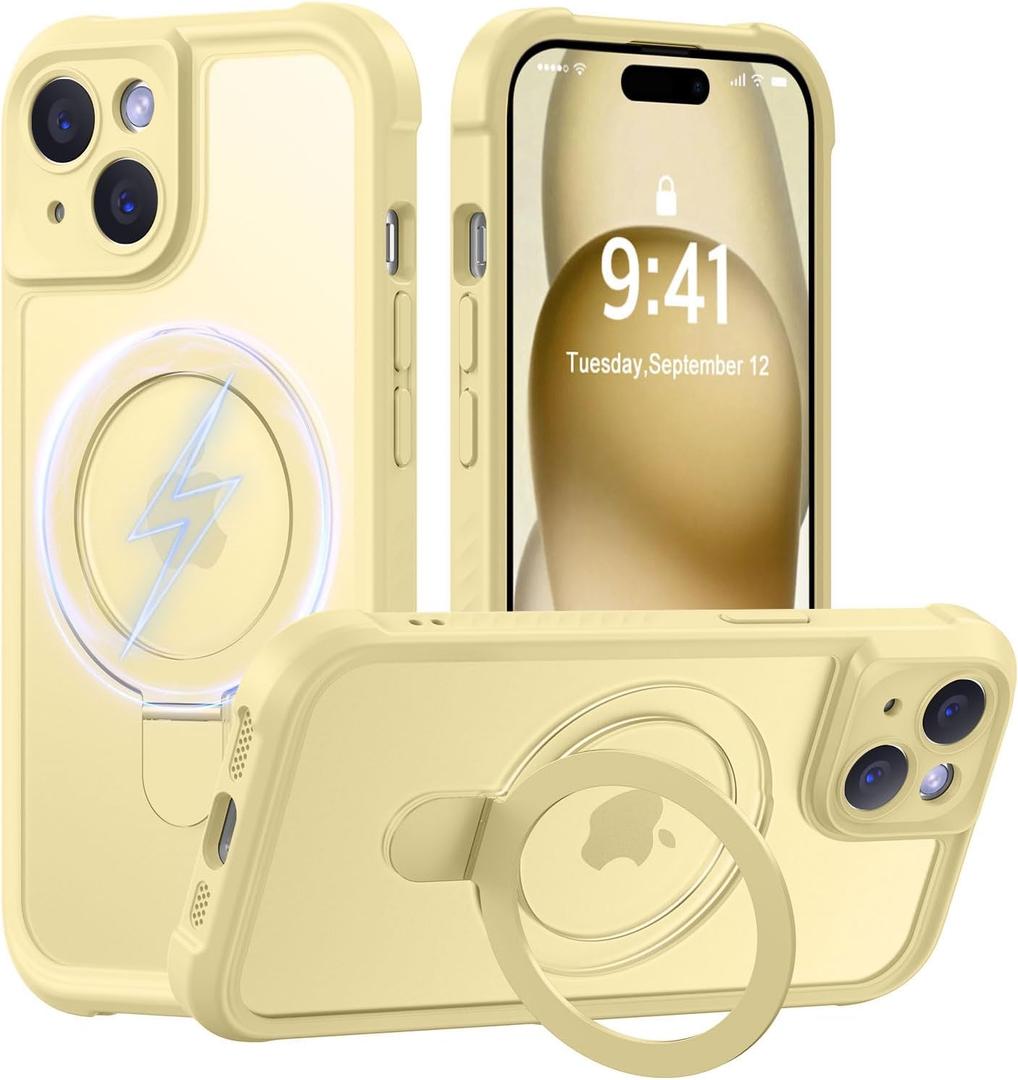 MOCCA Design for iPhone 15 Case with Magnetic Invisible Stand [Full Camera Protection] [Compatible with Magsafe] Military Drop Shockproof Translucent Matte Phone Case Cover 6.1",Creamy Yellow