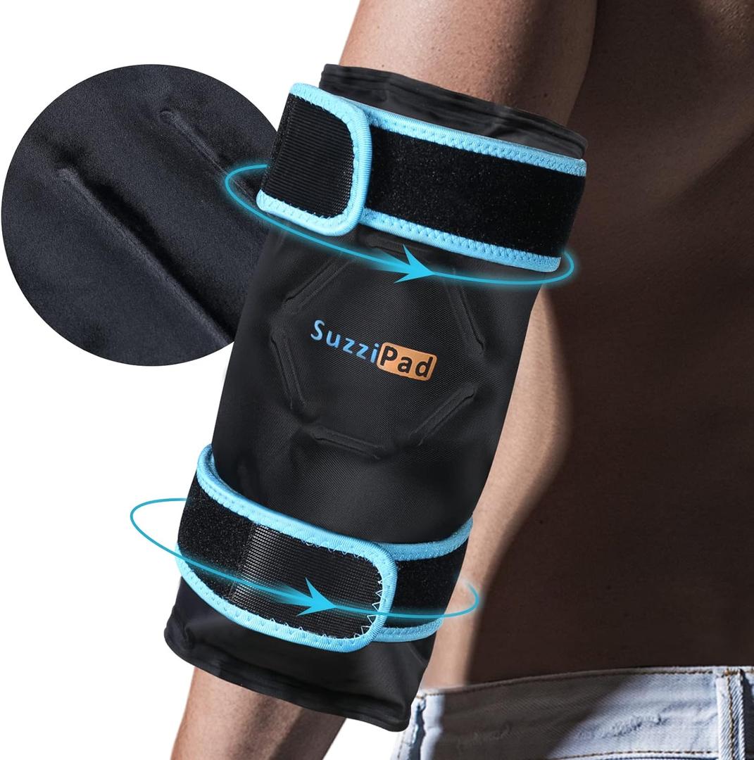 SuzziPad Elbow Ice Pack Wrap Wearable Cold Compression Sleeve for Elbow & Forearm, Reusable Ice Pack for Tennis & Golf Recovery, Black, 1 Pack