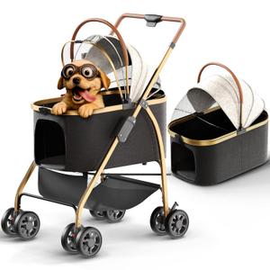 Pet Stroller for Small Medium Dogs & Cats  2-in-1 Detachable Carrier, Zipperless Entry, Lightweight Folding Travel Stroller with Storage Basket, Cup Holder, Black&Beige