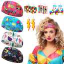 80S 90S Accessories for Women 4 Pairs Retro Earrings 4 PCS Headbands 80S Stylish Girl Neon Earrings Cassette Tape Acrylic Drop Dangle 90S Hair Accessories Vintage Headbands Soft Elastic Sweat