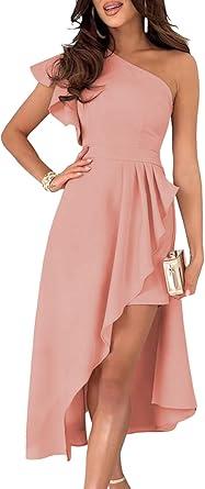 Dokotoo Women's One Shoulder Sleeveless Ruffle Empire Waist Asymmetrical High-Low Bodycon Formal Wedding Guest Midi Dresses M