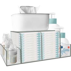 Diaper Caddy, Baby Changing Table Organizer, Detachable Clear Acrylic Diaper Storage for Wipe Dispenser, Wipe Warmer and other Diapering Essentials (16.4x6x8.6, Transparent)