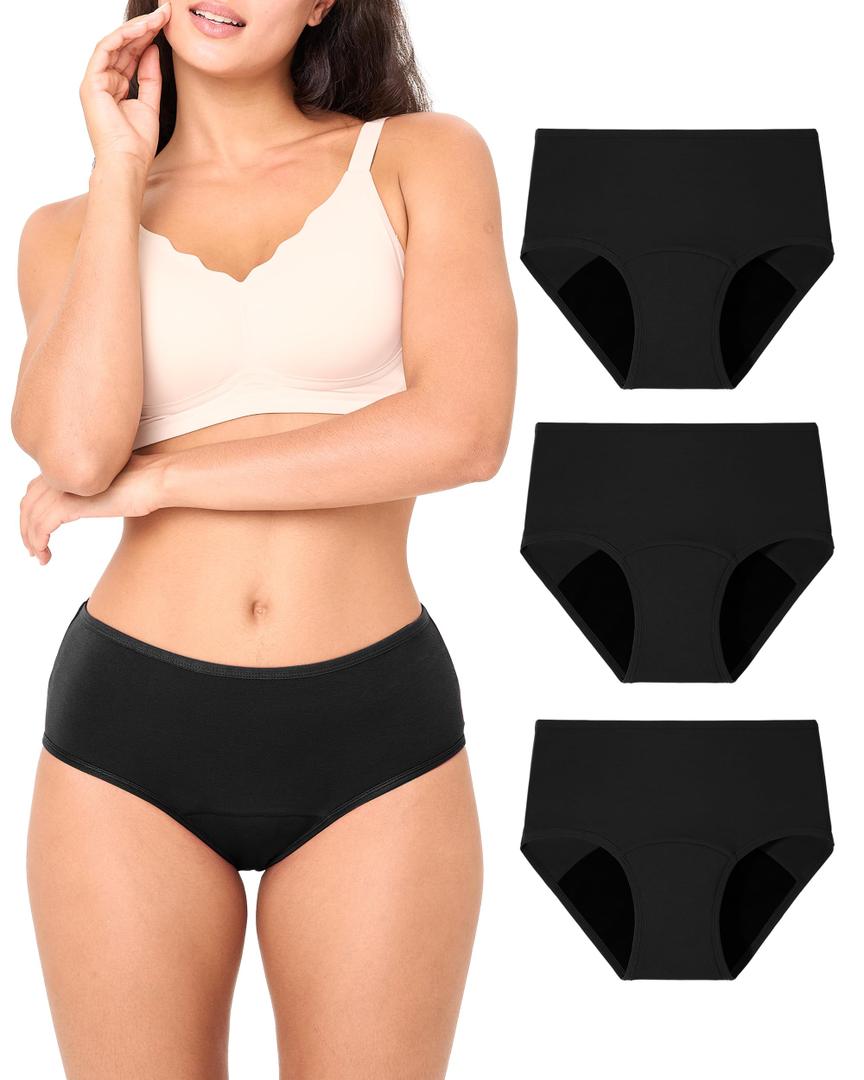 BAMBOO COOL Womens Period Underwear Light Flow High Waisted Leakproof Postpartum Maternity Panties Soft Breathable,3 Pack (Black, M)
