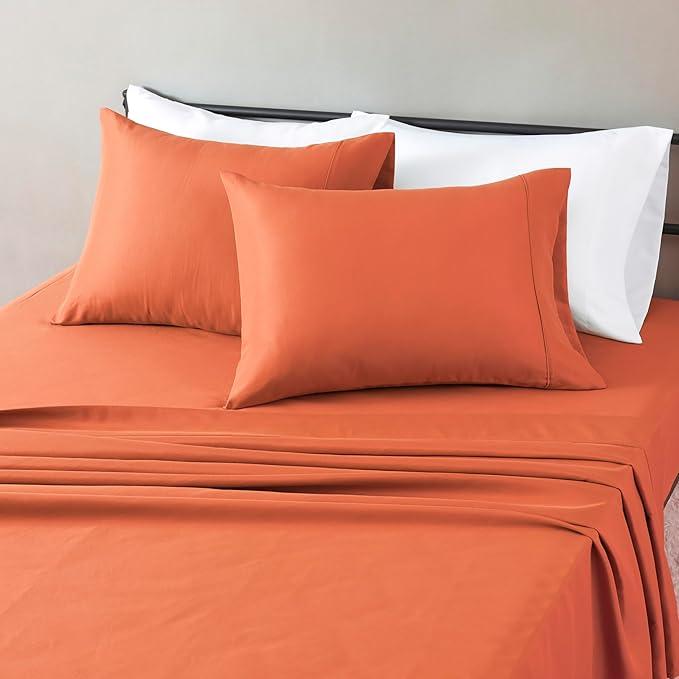 Amazon Basics Lightweight Microfiber 4-Piece Bed Sheet Set, Brick, Solid, Queen