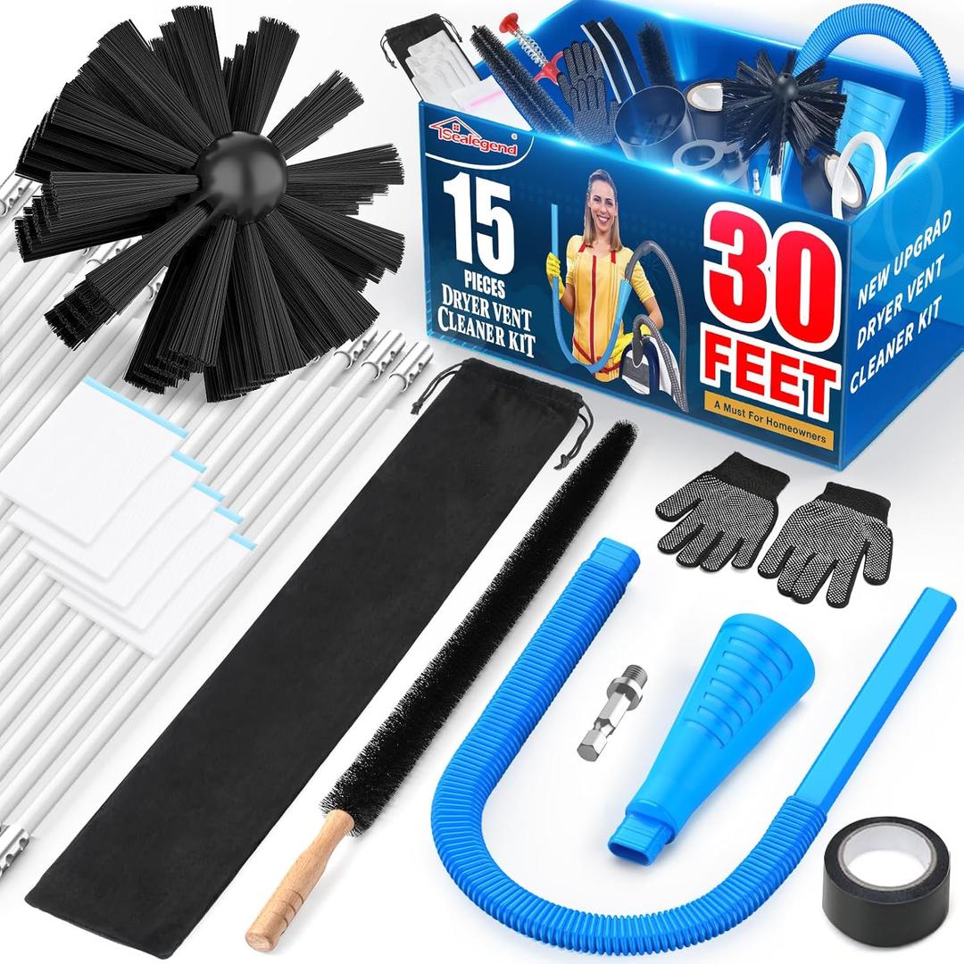 Sealegend 15-Piece 25-Feet Dryer Vent Cleaner Kit, Dryer Cleaning Tools, Omnidirectional Dryer Lint Vacuum Attachment, Dryer Vent Brush, Universal Vacuum & Dryer Adapters (Blue)