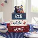 4 Pcs 4th of July Dogs Decorations 250th Anniversary Patriotic Memorial Tabletop Decor Red White Blue Table Centerpieces Wood Block American Independence Day Sign for Tiered Tray Home Shelf