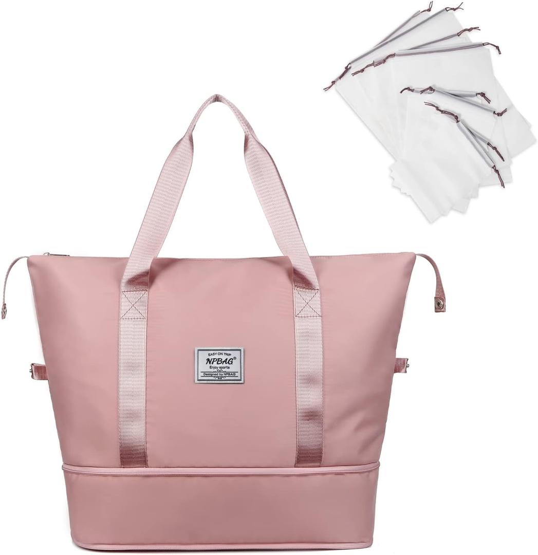 NPBAG Women Travel Duffel, Multi Functional Large Expandable Weekender Carry-on Tote, Gym Workout Overnight Bag, Mommy Hospital Bag for Labor and Delivery (Basic-Pink)