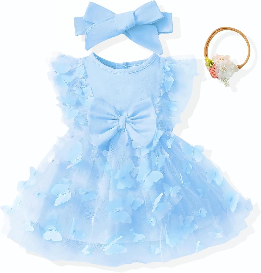 Renotemy Baby Girl Tulle Tutu Dress Blue Butterfly Sleeveless 1st Birthday Dress for Baby Girl Shower Gifts Boho Fairy Baptism Princess Wedding Birthday Party Dresses with Flower Headband 12-18 Months