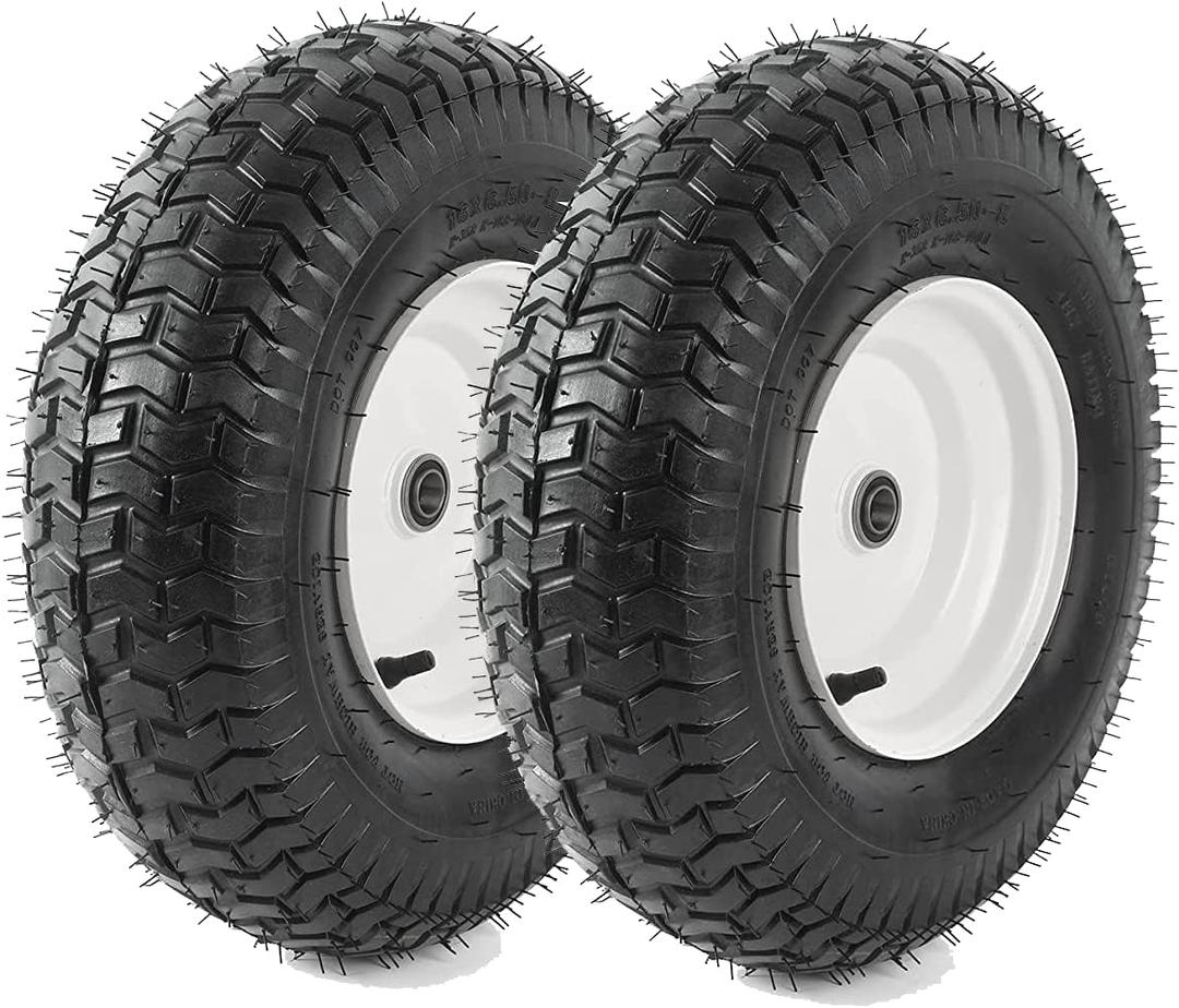 (2-Pack) 16x6.50-8 Tubeless Tires on Rim - Universal Lawn Mower and Garden Tractor Trailer Wheels - With Chevron Turf Treads - 3" Offset Hub, 3/4" and 5/8" Bearings - 4 Ply with 615 lbs Load Capacity (White)