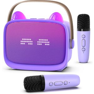 Mgaolo Upgraded Mini Karaoke Machine Toy for Kids, Portable Bluetooth Speaker with 2 Wireless Mics, Emoji & Colorful LED Lights, Home Travel & Party Play Gifts for Boys Girls (Purple)