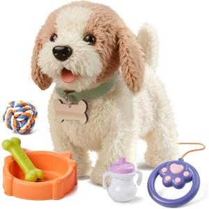 OR OR TU Walking Barking Toy Dog with Remote Control Leash, Plush Puppy Electronic Interactive Toys for Kids, Shake Tail,Pretend Dress Up Realistic Stuffed Animal Dog Age 3 4 5 6+ Years Old Best Gift (Tan+white)
