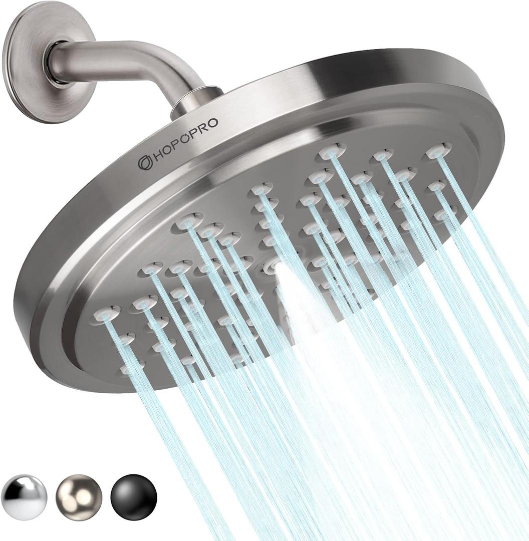 HOPOPRO High Flow Shower Head - High Pressure Rain - 7 Inch Rainfall Spray Showerhead - Tool-free 1-Min Installation - Adjustable Bathroom Shower Head Replacement with Luxury Look - Brushed Nickel