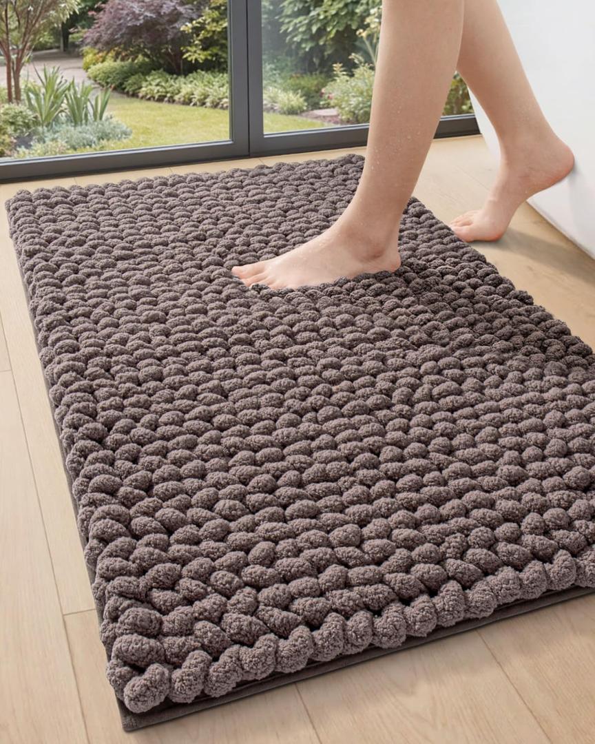 DEXI Bathroom Rugs 17x30, Non Slip Washable Bath Mat, Luxury Chenille Super Absorbent Ultra Thick Bathmats for Shower Floor, Plush Fluffy Shaggy Carpet for Tub, Brown
