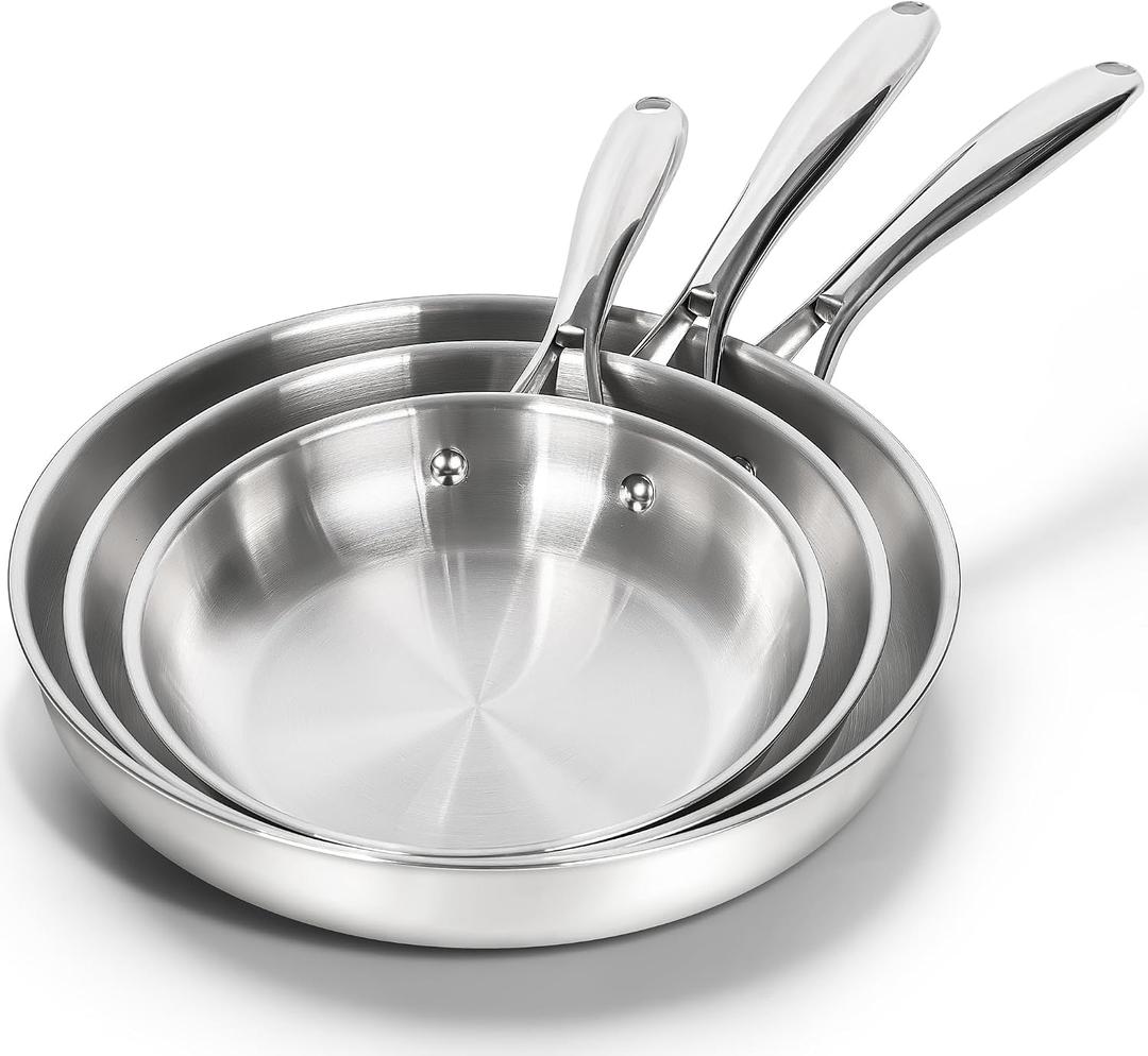 MICHELANGELO 18/10 Stainless Steel Frying Pan Set, 8" / 9.5" / 11" Cooking Pans, Triply Base Stainless Steel Pan Set with Ergonomic Handle, Induction Compatible