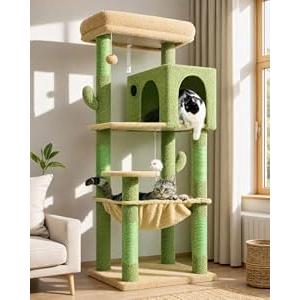 Globlazer Cactus Cat Tree Tower with Scratching Post for Indoor Cats, 53inch Tall Plush Multi-Level Cat Climbing Tower Condo with Large Hammock, Spacious Cat Cave, Padded Top Perch Bed, F53, Green, L