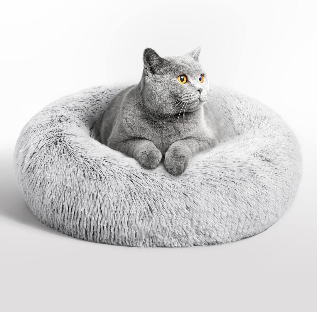 Love's cabin Calming Cat Bed for Indoor Cats, Anti-Anxiety Donut Round Dog Bed, Fluffy Faux Fur Washable Pet Bed for Small Medium Dogs and Cats,Grey, 20in