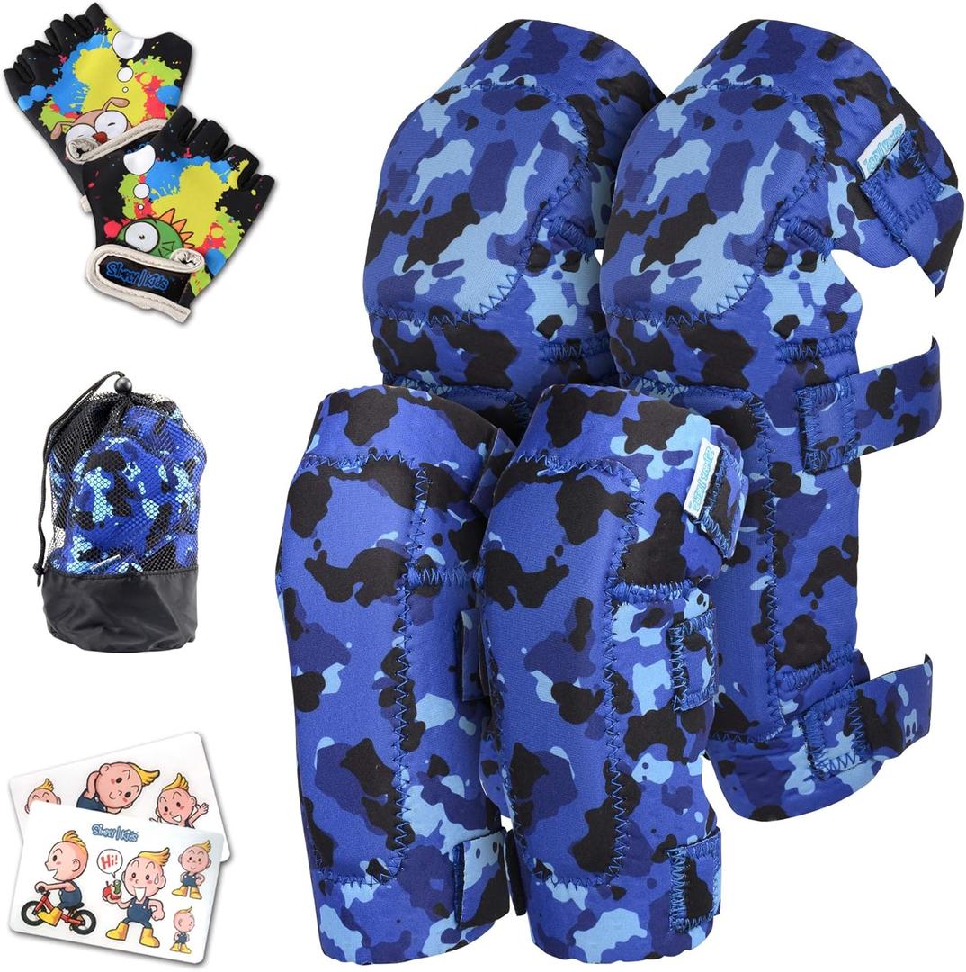 Soft-Style Kids Knee and Elbow Pads with Bike Gloves, Flexible Impact-Resistant Gear for Ages 2-11, Designed for Balance Bikes, Roller-Skating, and Skateboarding ((2nd Gen) Ocean Camo, Small)