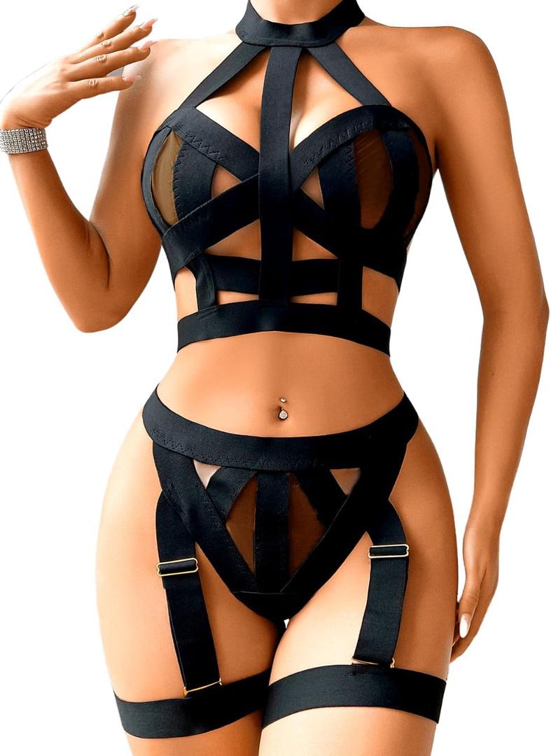 Kaei&Shi Strappy Cutout Lingerie, Halter Backless Garter, Sexy Top Outfits (4-6, Black)