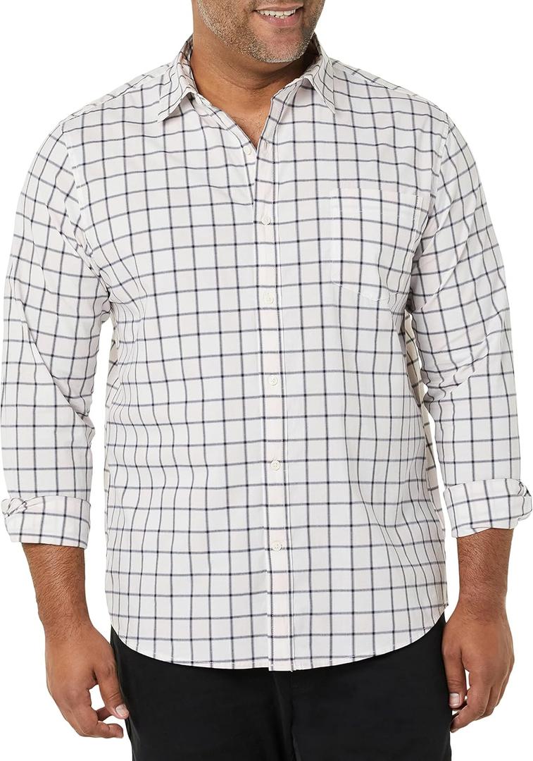 Amazon Essentials Men's Long-Sleeve Stretch Poplin Shirt (Pink White Buffalo Plaid, Small)