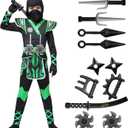 Spooktacular Creations Kids Ninja Costume, Child Boy Ninja Outfit Set, Halloween Costume for Toddler Themed Dress Up Party (Large(10-12 yrs), Green)