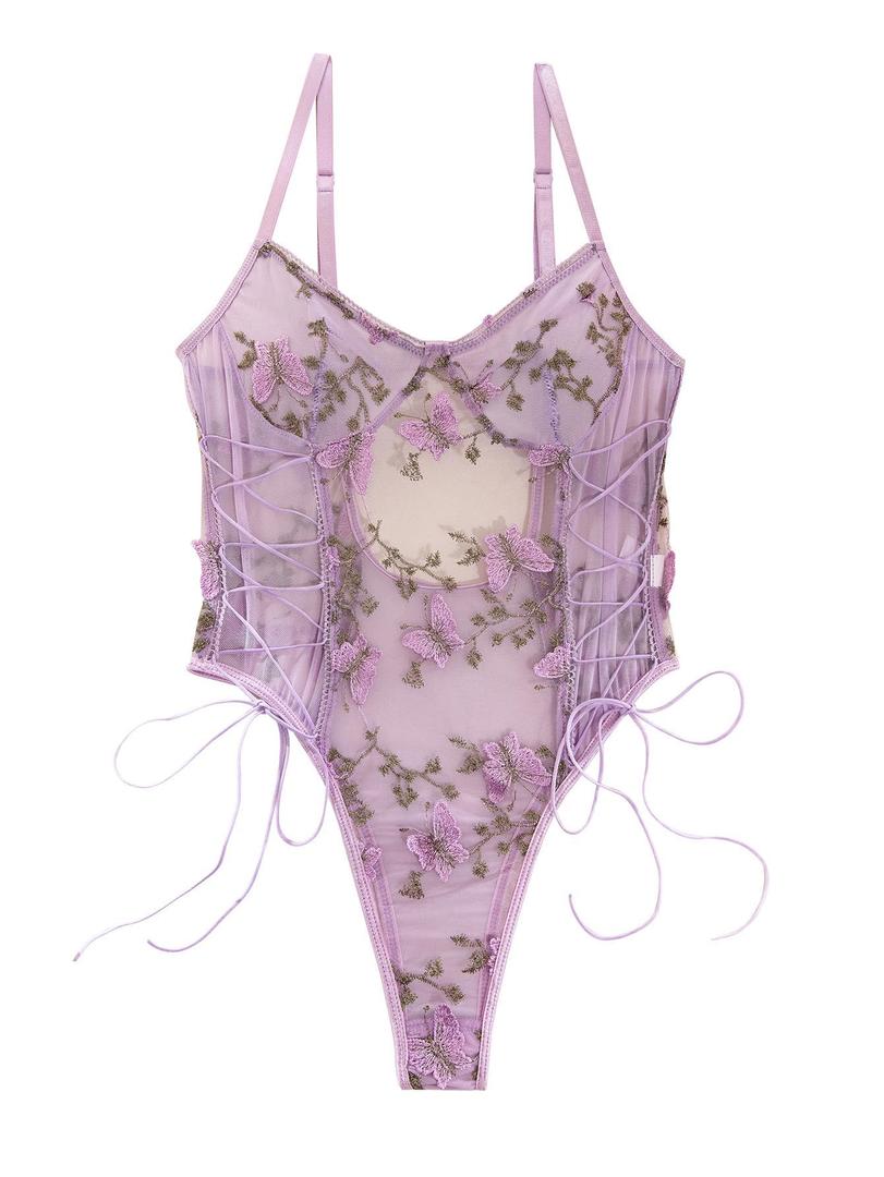 Lilosy Plus Size Women Sexy Lace Up Floral Embroidered Teddy Babydoll Lingerie Bodysuit Top Mesh Sheer One Piece See Through Butterfly Light Purple 3X-Large