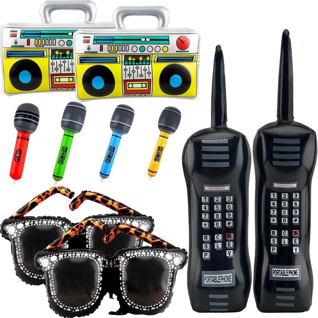 10 Pcs 80s 90s Inflatable Props Includes Inflatable Radio Boombox Inflatable Mobile Phone Inflatable Microphone Inflatable EyeGlasses for 80s 90s Hip Hop Theme Party Decorations