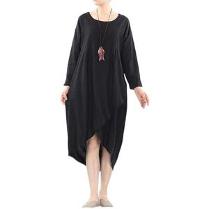 Minibee Women's Long Sleeve Midi Dress Cotton Linen Empire Waist Casual Flowy Dresses with Pockets M