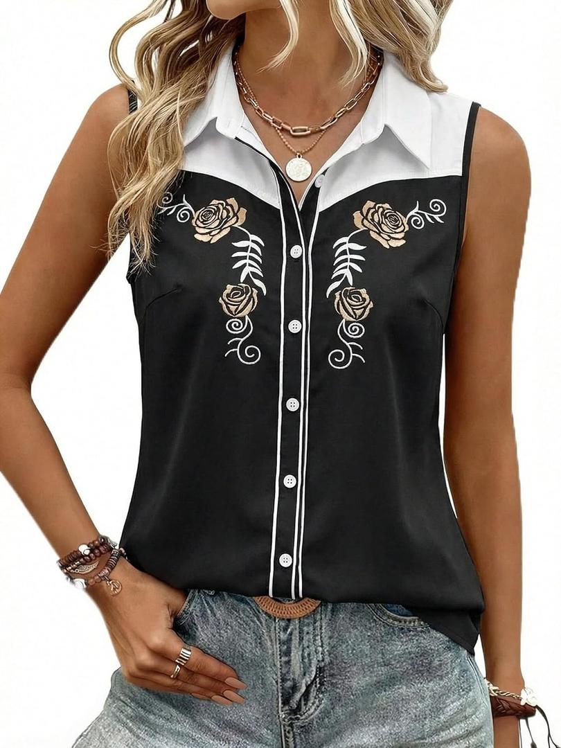 SFHFY Western Sleeveless Button Down Shirts Women Retro Cowgirl Tank Cowboy Boots Blouse Casual Summer Vacation Top (Black, XL)