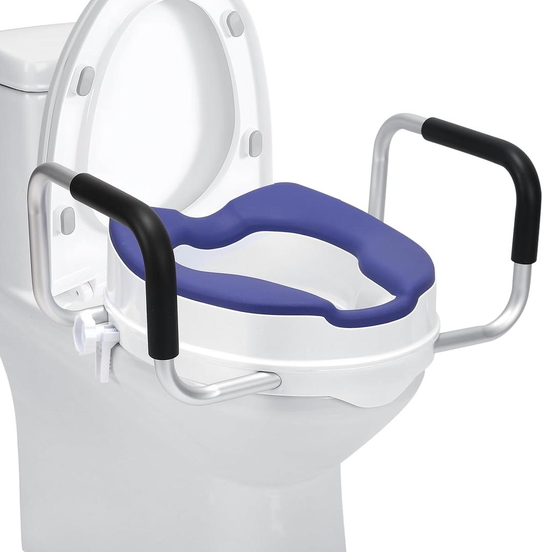 Raised Toilet Seat with Handles, 4'' Toilet Seat Riser for Seniors with TPR Padded and Aluminum Arms, Toilet Safety Riser for Most Toilet (Blue)