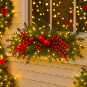 Yalikop 24.5 inch Christmas Swags with Light Artificial Pine Needles Swag Decoration Greenery Christmas Swag for Front Door Window Stair Fireplace Mantle Holiday Xmas Decor(Ball and Berry)