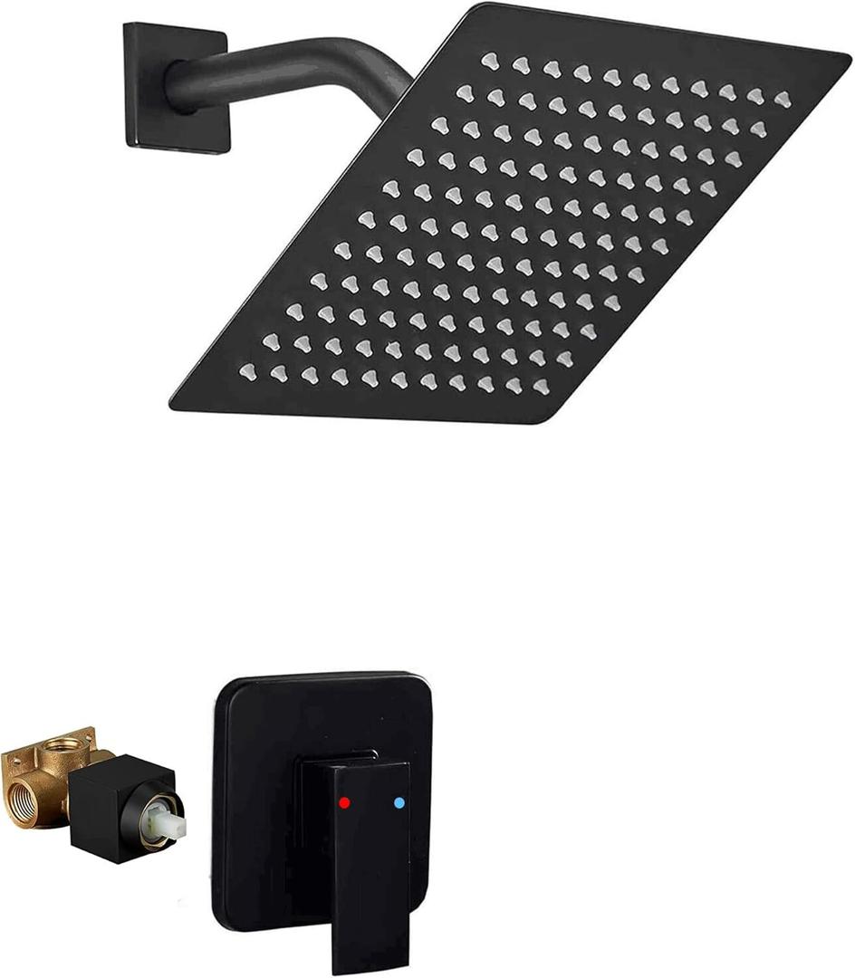 Black Shower Faucet GGStudy Single Function Shower Trim Kit with Rough-in Valve Shower Set Bath Rainfall Shower Faucet System 8inch Square Stainless Steel Metal Shower Head