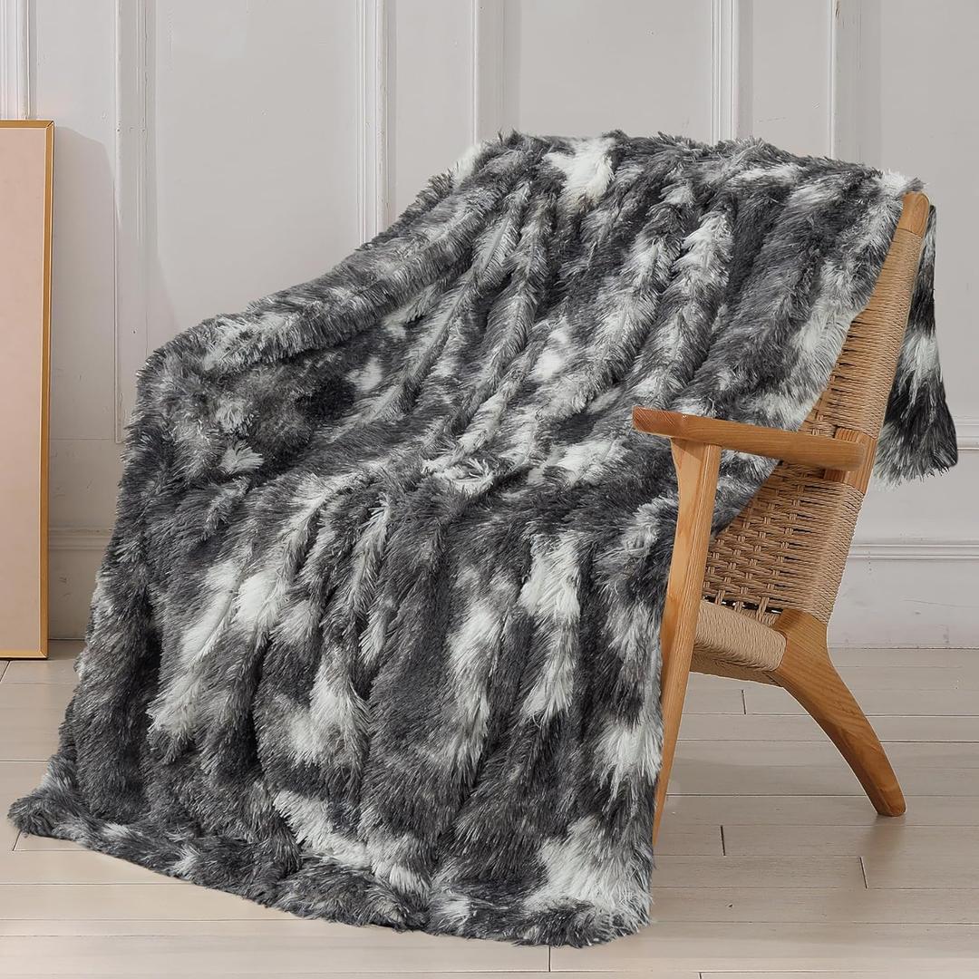 Tuddrom Decorative Extra Soft Fuzzy Faux Fur Throw Blanket 50" x 60",Solid Reversible Long Hair Shaggy Blanket,Fluffy Cozy Plush Comfy Microfiber Fleece Blanket for Couch Sofa Bedroom,Tie Dye Grey