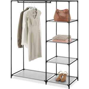 Whitmor Spacemaker 5 Tier Wardrobe Closet, Freestanding Storage System with Garment Rod, Space - Saving Organizer for Small Bedrooms, Apartments, Sturdy Steel Frame, Black/ Gray