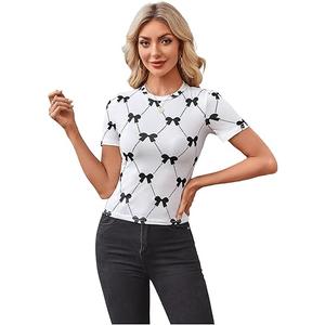 WDIRARA Women's Bow Print Short Sleeve T Shirts Crew Neck Tee Going Out Fitted Tops L