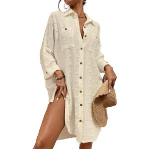 Bsubseach Women Swimsuit Coverup Blouse Button Down Shirt Dresses Swiss Dot Tops (J-apricot) 