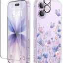 GVIEWIN for iPhone 17 Case, with Screen Protector+Camera Lens Protector, [NonYellowing] Clear Floral Slim Shockproof Protective Hard PC Back Women Phone Case for iPhone 17 6.3", Bloomwing/Blue