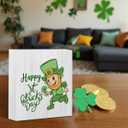Happy St. Patricks Day Wooden Box Sign, Spring Decor, Country Style Lucky Clover Green Top Hat, Beer Mug Gold Coin Pattern Desk Decorate, Home Desk Office Decor 5 x 5 Inches (Little Elf)