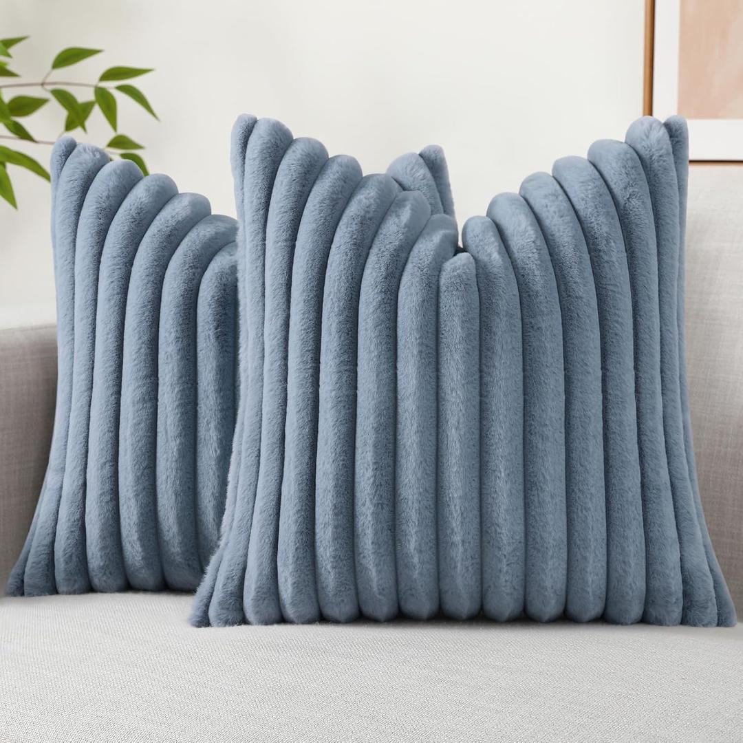 decorUhome Faux Fur Throw Pillow Covers 18x18 Set of 2, Decorative Soft Plush Striped Neutral Couch Euro Pillow Covers with Velvet Back for Sofa, Bed, Living Room Home Decor, Grey Blue