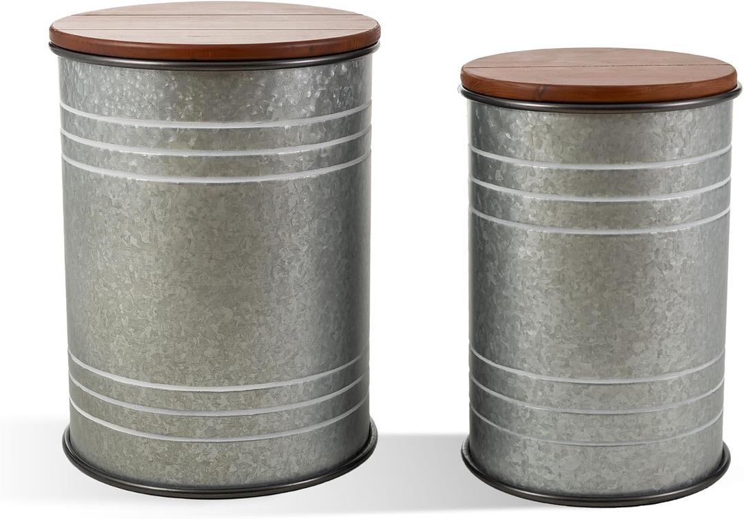 Glitzhome Rustic End Table Set of 2, Farmhouse Galvanized Metal Barrel Ottoman Storage Stool with Round Wood Lid for Living Room Furniture, Grey, Large and Small
