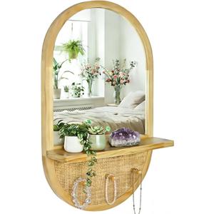 Wood Wall Mirror with Hooks, 30x18 Inch Boho Wall Mirror with Removable Shelf, Oval Solid Wood Framed, Handmade Rattan Mirror Decor Accent for Entryway, Bathroom, Nursery, Bedroom, Living Room